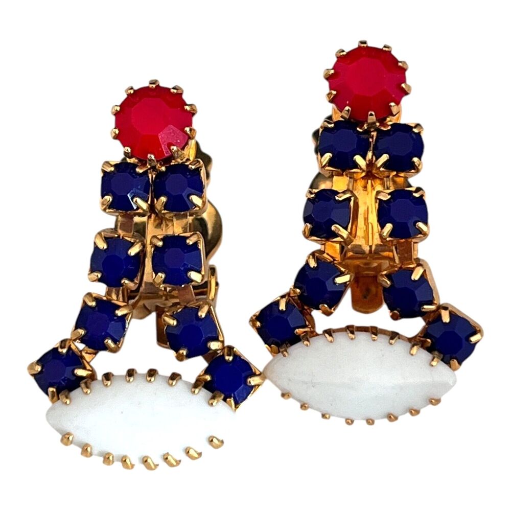 Vintage 1960s Navette Rhinestone Earrings Red Blue White Gold Tone Clip - 8O